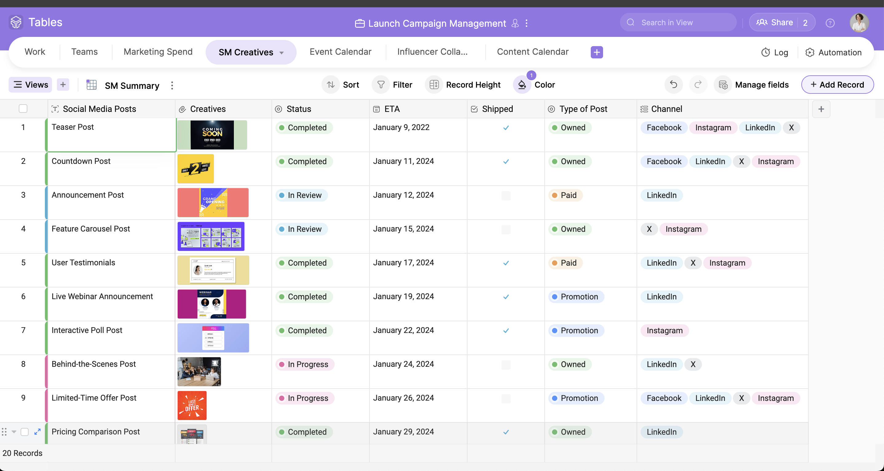 screenshot of Zoho Tables